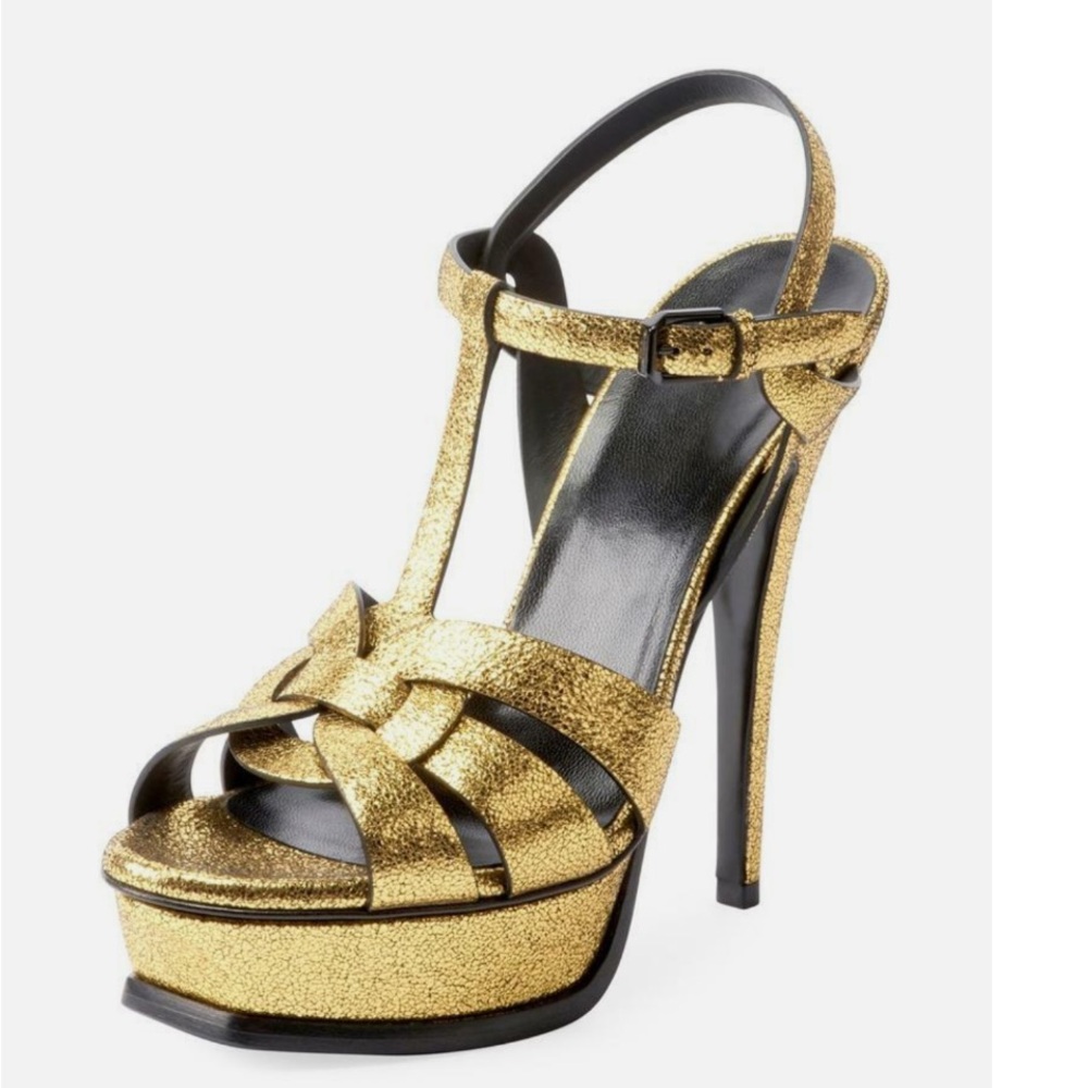 SAINT LAURENT  Metallic Crackled Calfskin Tribute 105 Platform Sandals